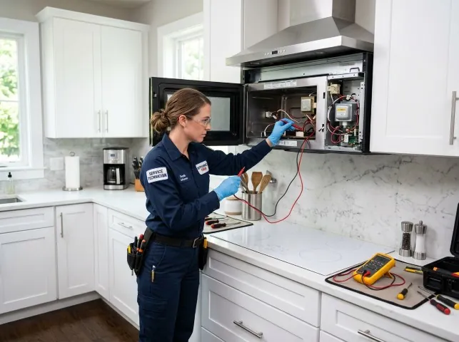 Appliance Repair Hero technician testing an over-the-range microwave in a Atwater, CA kitchen